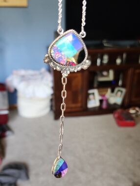 Authentic Sterling Silvet Rainbow Teardrop Lariat Necklace - Multicolor
